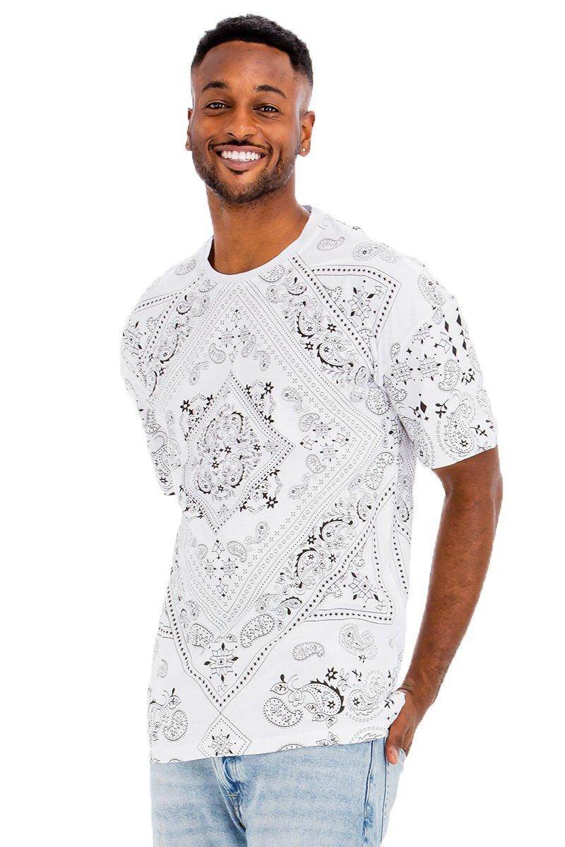 Men's Vacation Style Tshirt Men in white with intricate black paisley pattern for a trendy summer look