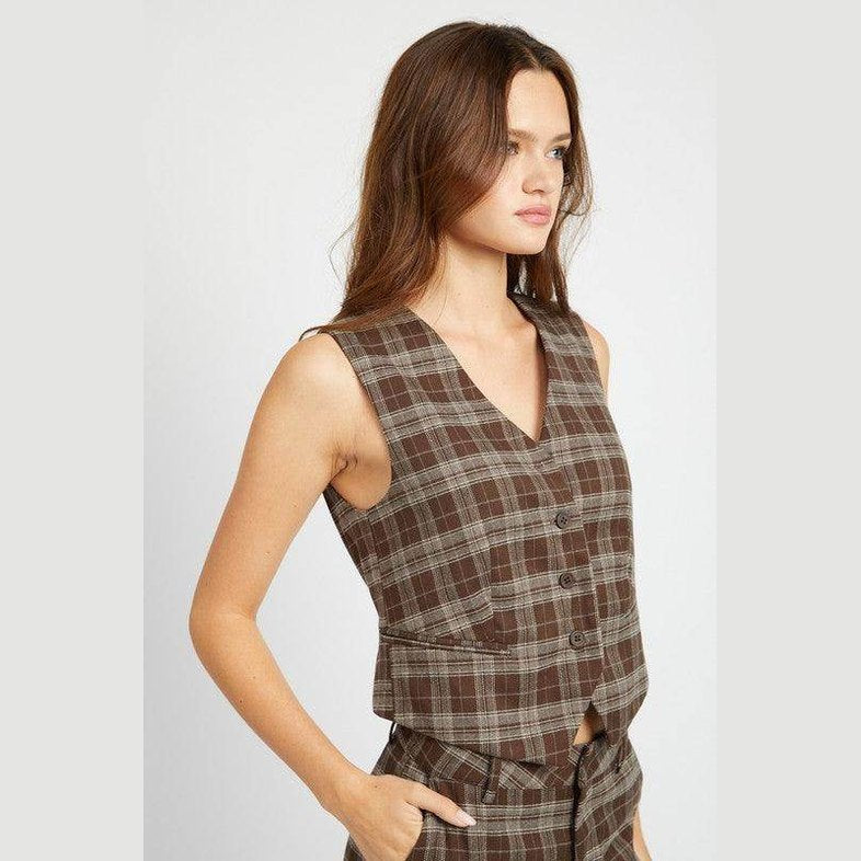 Emory Park Women's Vacation Style Vest in Brown Plaid with Button Details and Sleeveless Design