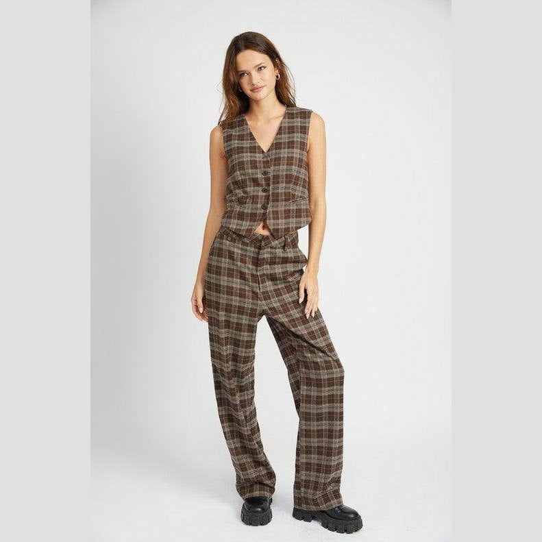 Emory Park Women's Vacation Style Vest in Brown Plaid with Matching Trousers for Trendy Outfits
