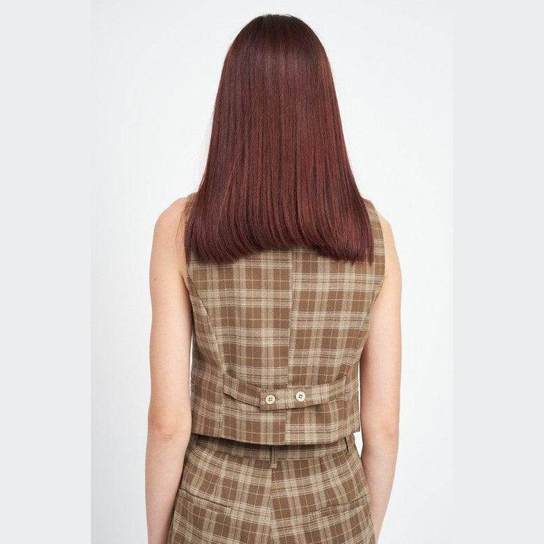Emory Park Women's Vacation Style Vest in Brown Plaid with Button Closure at Back