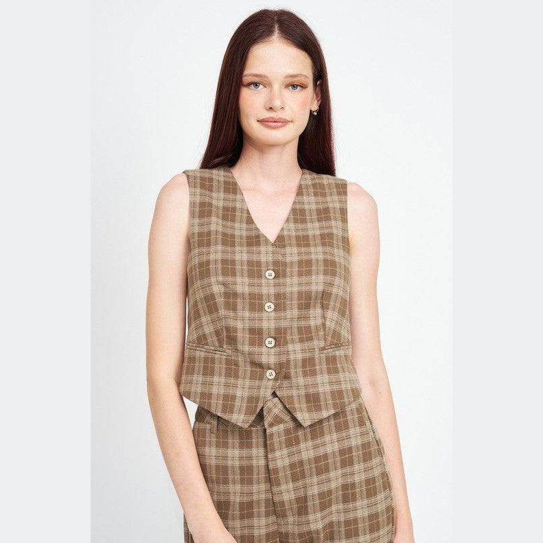 Emory Park Women's Vacation Style Vest in Brown Plaid with Button Front and Sleeveless Design