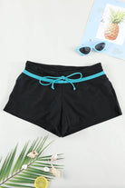 Trendsi vacation swim shorts for women in black with aqua drawstring, perfect for summer beach days