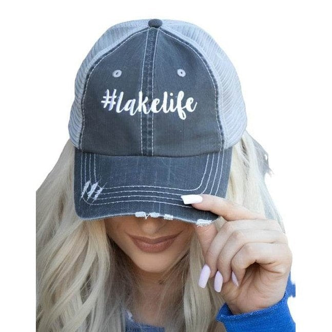 Ocean and 7th vacation trucker cap in dark gray with '#lakelife' lettering for stylish summer outings