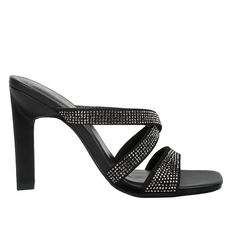 Stylish black heeled sandals with rhinestone accents, perfect vacation worthy shoes and apparel