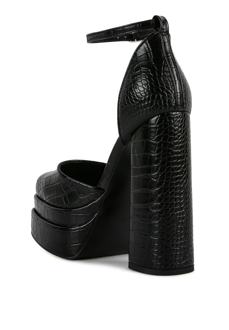 London Rag International Black Crocodile Heels with Chunky Platform, perfect for vacation worthy shoes and apparel