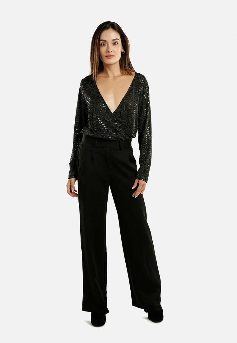 London Rag Women's Black Bodysuit with Sparkling Detail, perfect for vacation worthy shoes and apparel