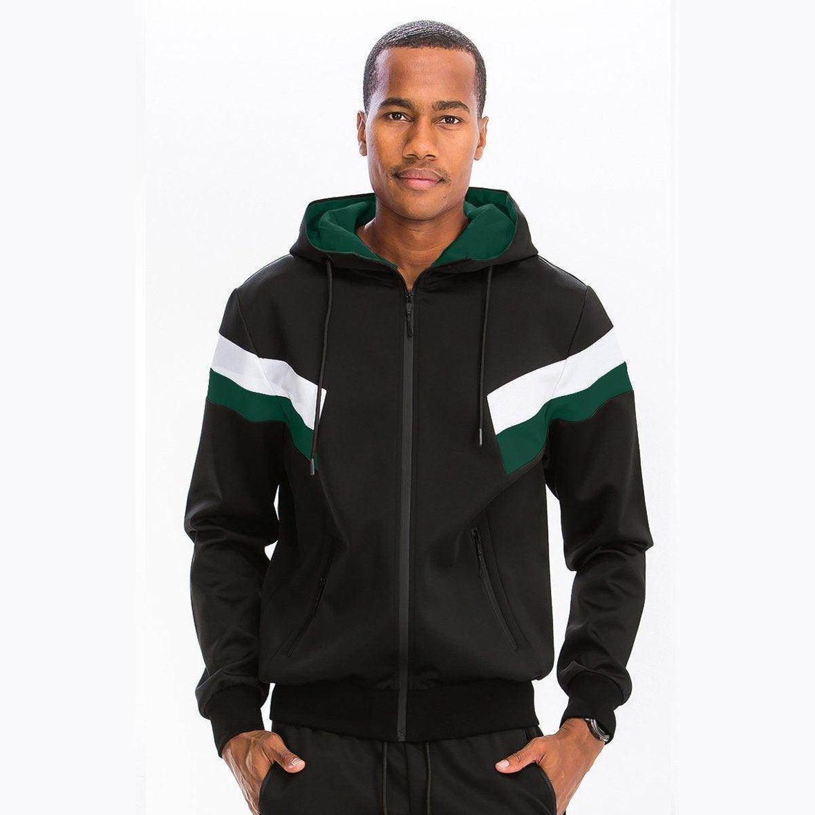 Men's WEIV VacationGrabs Track Suit in black with stylish color-blocked design and zip-up hoodie