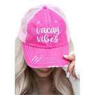 Pink Vacay Vibes trucker hat with distressed details perfect for sunny beach days