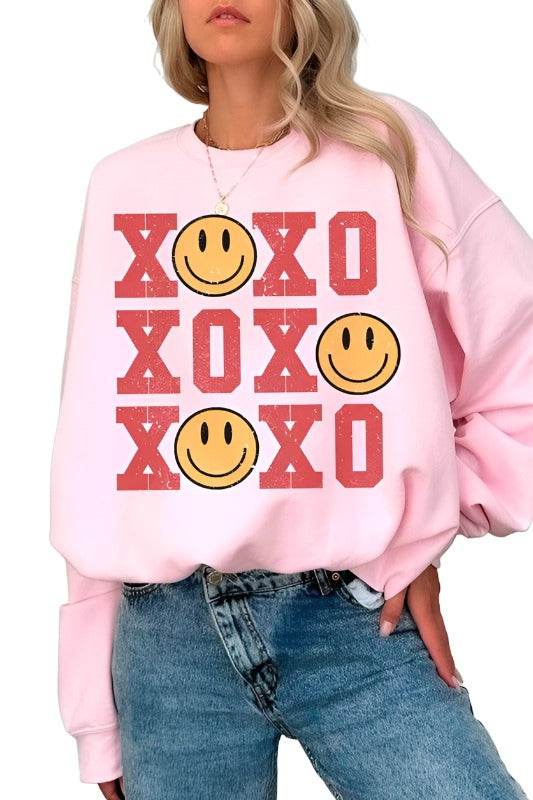 Valentine's Day Xoxo Happy Face Graphic Sweatshirt - VacationGrabs