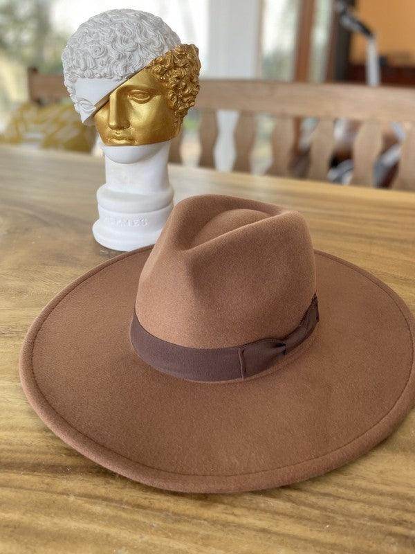 Queens INC Vegan Felt Panama Hat in Brown with Wide Brim and Stylish Ribbon Band