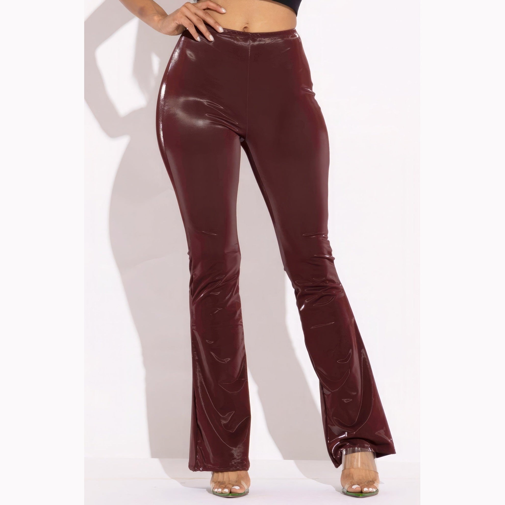 VacationGrabs women's velvet PU flared pants clubwear in shiny burgundy with high waist