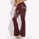 VacationGrabs women's velvet PU flared pants clubwear in shiny burgundy with high waist and stylish fit