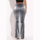 VacationGrabs women's silver velvet PU flared pants clubwear with high waist and slim fit