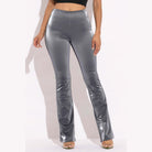 VacationGrabs women's silver velvet PU flared pants clubwear with high waist and shiny finish