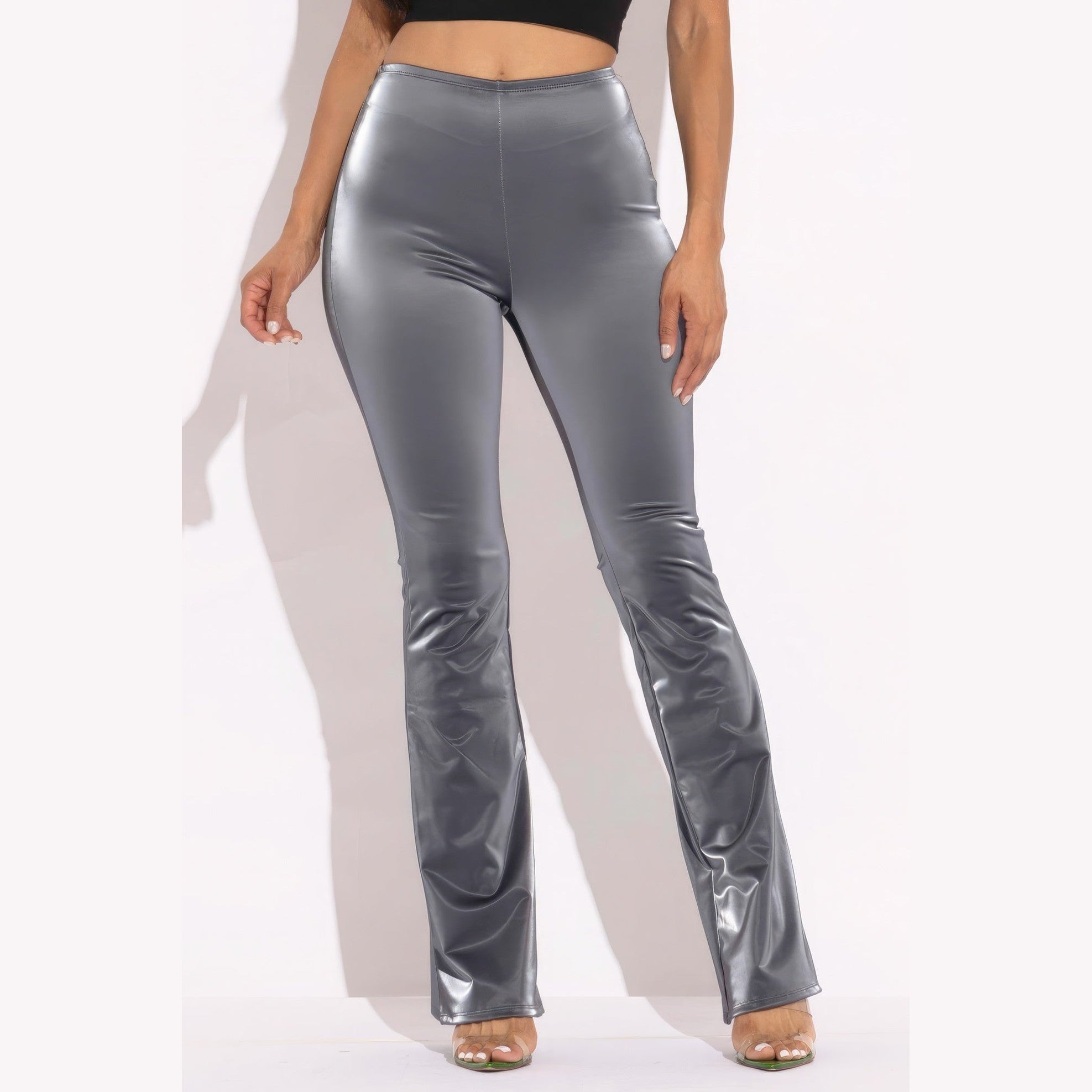 VacationGrabs women's silver velvet PU flared pants clubwear with high waist and shiny finish
