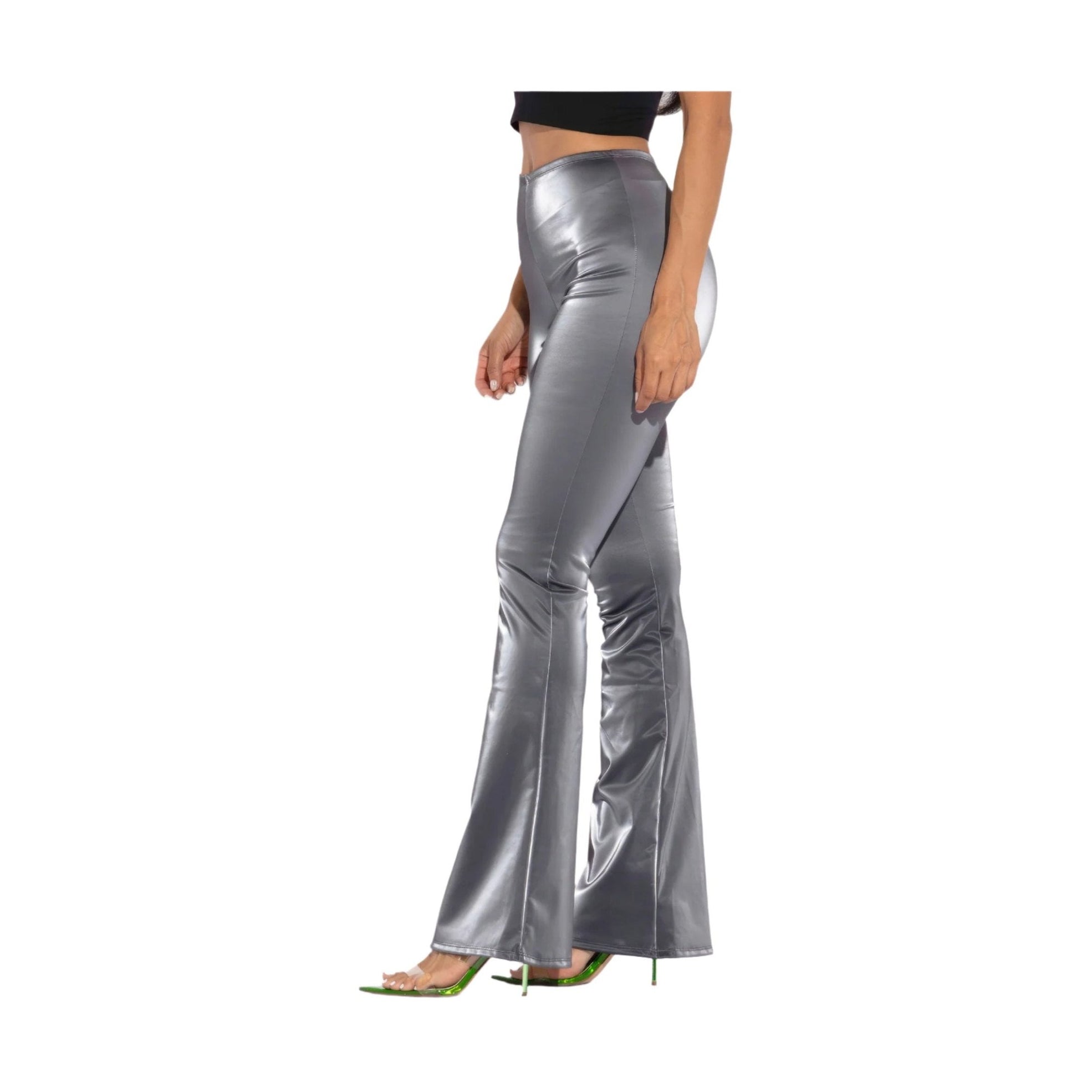 VacationGrabs silver velvet PU flared pants clubwear for women with high waist and shiny finish