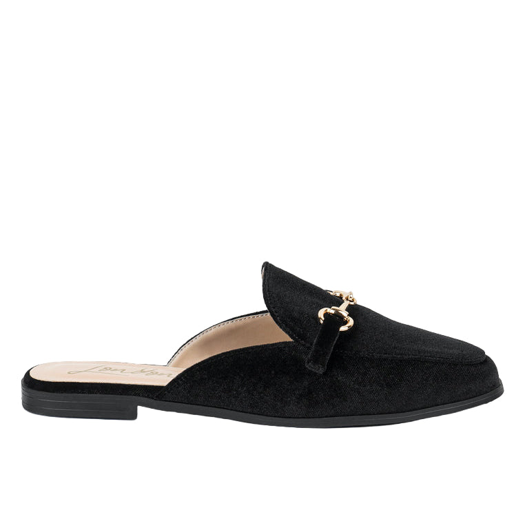 Black slip-on shoe with a gold buckle on a white background
