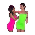 Two women wearing bright neon backless club party dress women in pink and green with strapless design