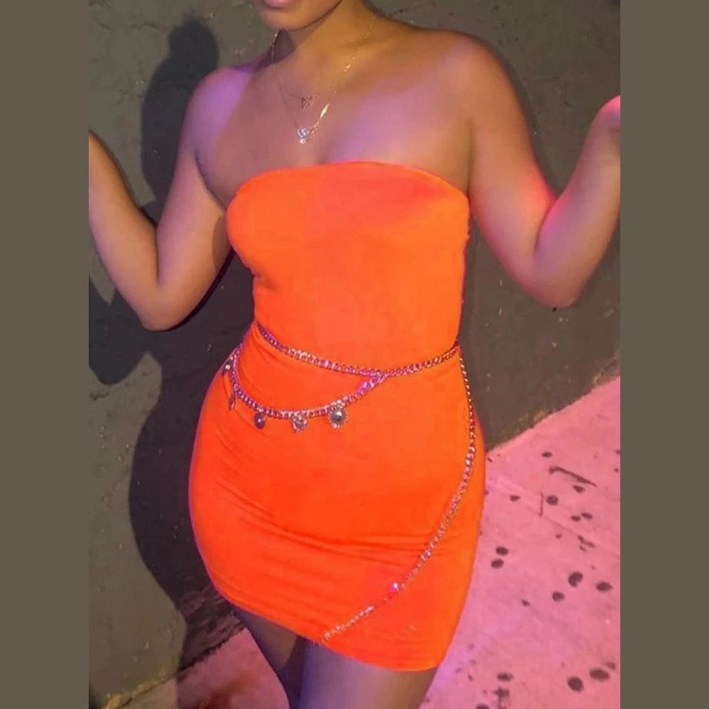 Bright orange backless club party dress women with strapless design and chain belt accessories