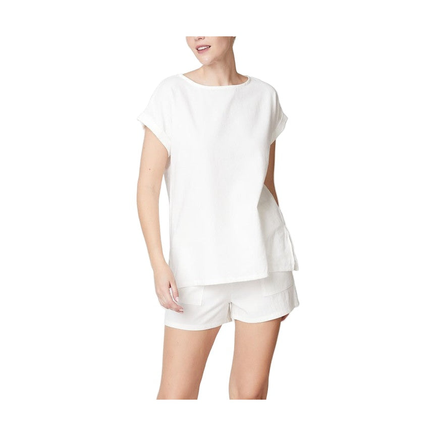 Fabina white bamboo linen shorts set featuring a relaxed short-sleeve top and matching shorts