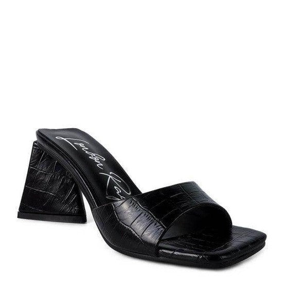 Rag Company block heel vacation sandals in black with a stylish croc print design