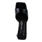 Rag Company women's block heel vacation sandals in stylish black with a sleek crocodile texture