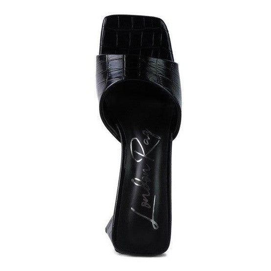 Rag Company women's block heel vacation sandals in stylish black with a sleek crocodile texture