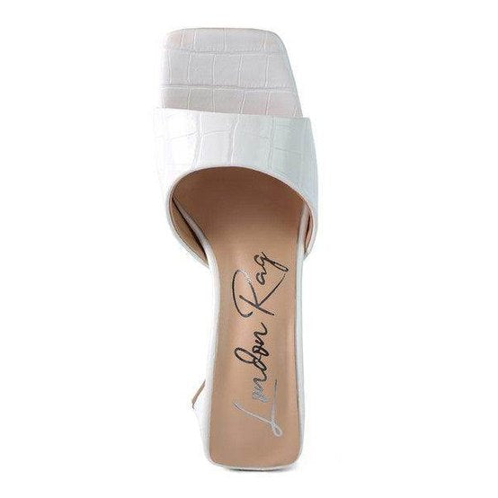 White block heel vacation sandals by Rag Company with a stylish crocodile texture