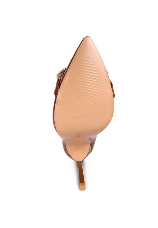 Women's buckle embellished stiletto pumps in nude with elegant design