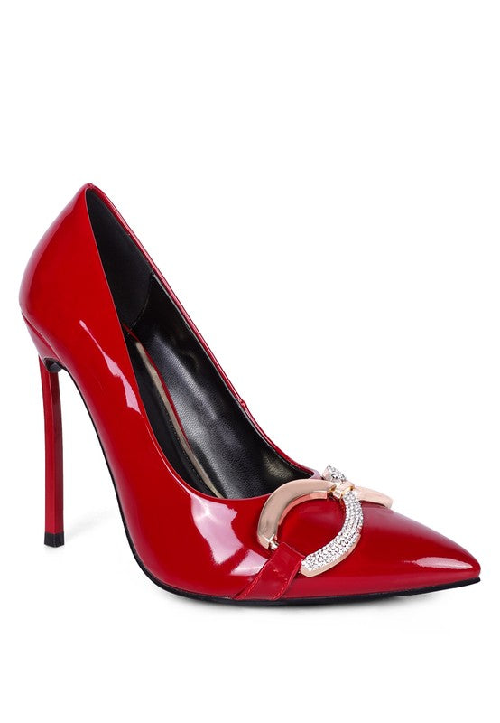 Women's red buckle embellished stiletto pumps for elegant occasions