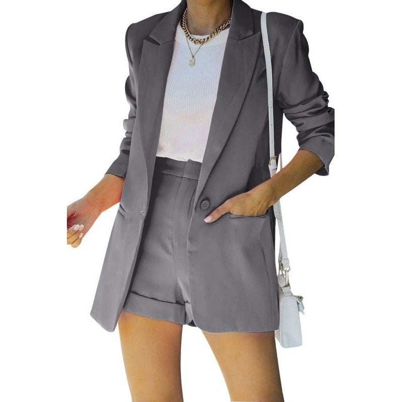 Miss Sparkling casual chic summer blazer set in gray with matching shorts and relaxed fit