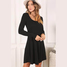 Lilou women's casual knit dress for travel in black with long sleeves and a flared skirt