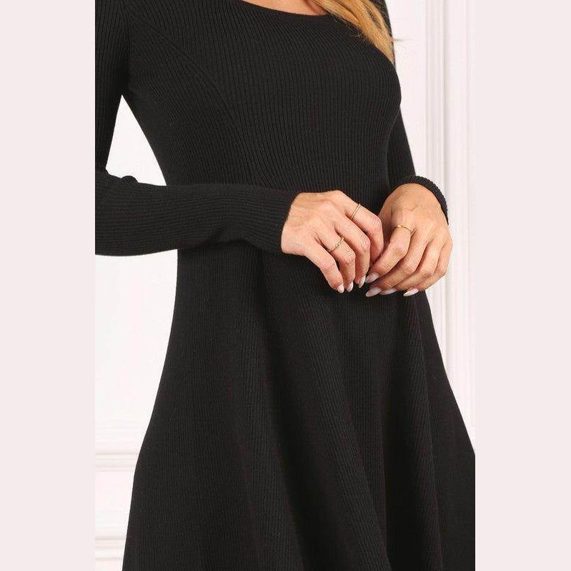 Lilou Black Casual Knit Dress for Travel with Long Sleeves and Flared Hem