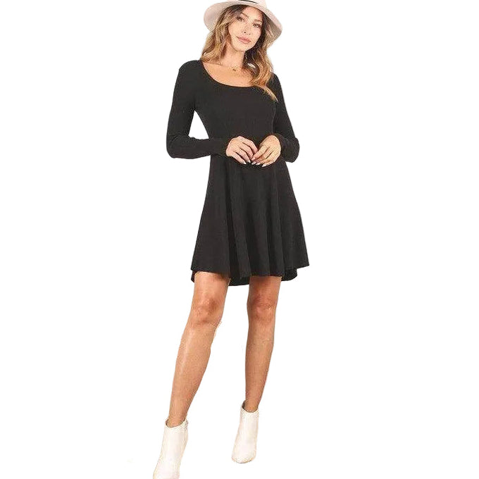Lilou Women's Black Casual Knit Dress for Travel with Long Sleeves and Flared Skirt