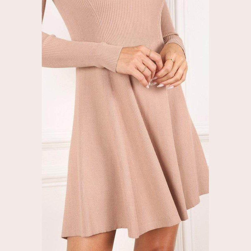 Lilou women's casual knit dress for travel in soft beige with a flared skirt and long sleeves