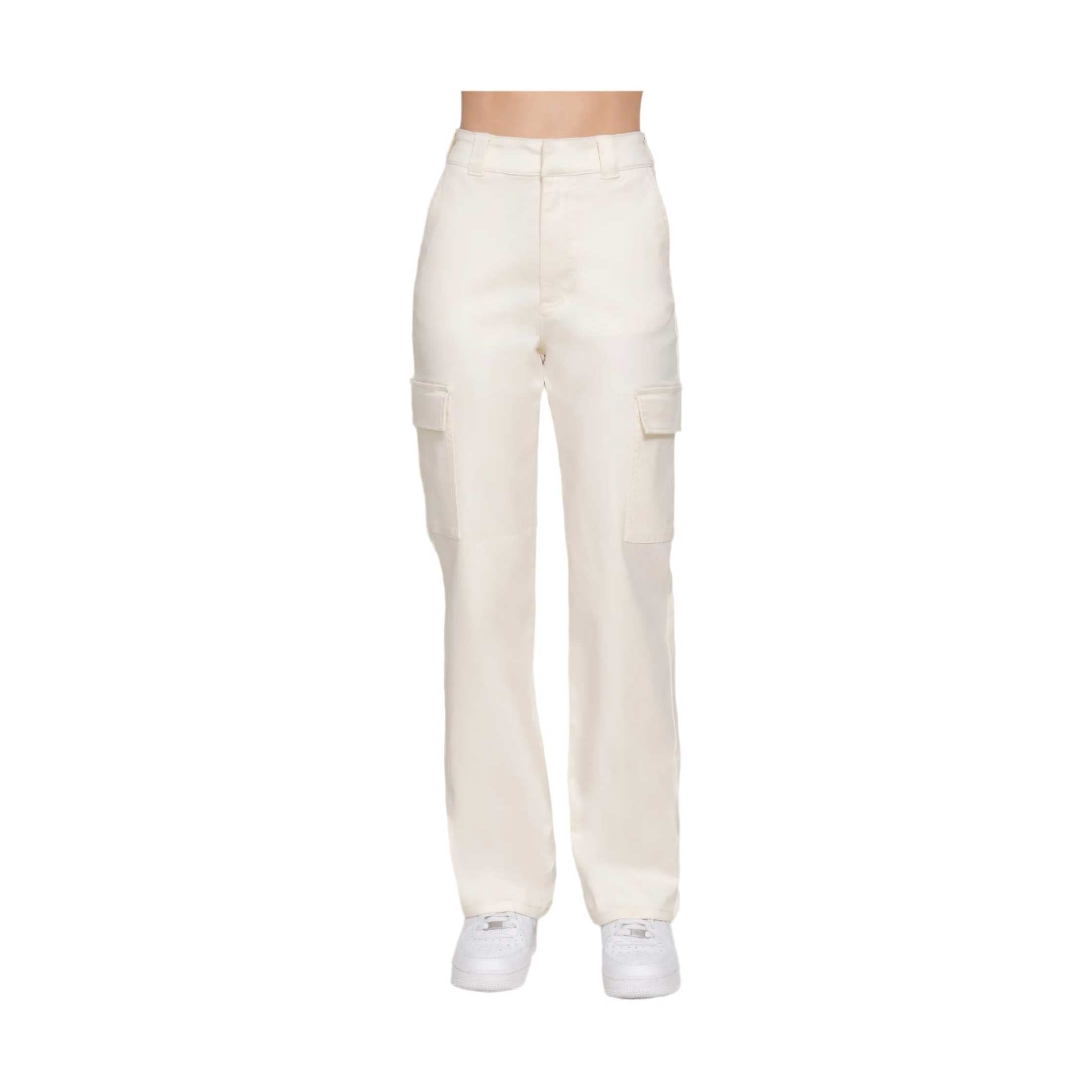 VacationGrabs women's casual straight leg trousers in beige with cargo pockets and white sneakers
