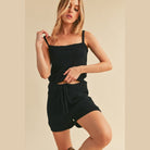 Aemi + Co black casual tank and shorts set with adjustable straps and drawstring shorts