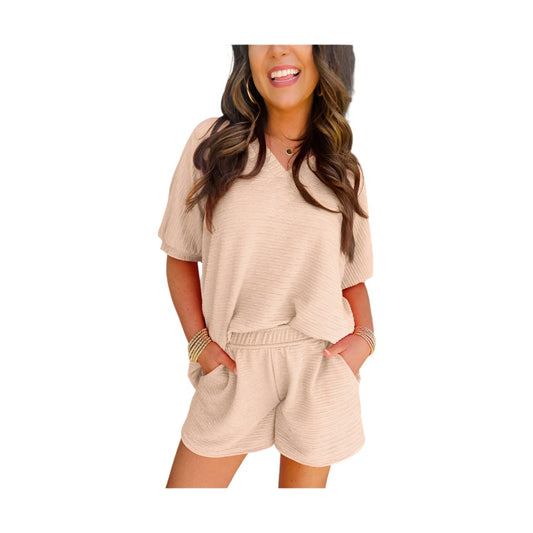YNIQUE beige casual vacation outfit for women with short sleeves and matching shorts