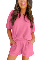 YNIQUE pink short sleeve top and shorts casual vacation outfit for women with pockets