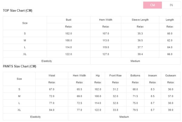 Size chart for YNIQUE tops and pants detailing measurements for a casual vacation outfit for women