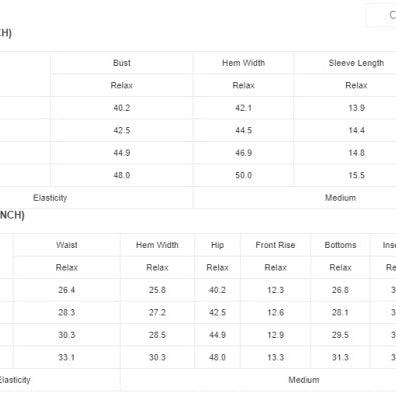 YNique size chart for top and pants showing measurements for casual vacation outfit for women