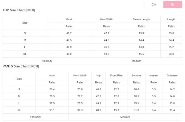 YNique size chart for top and pants showing measurements for casual vacation outfit for women