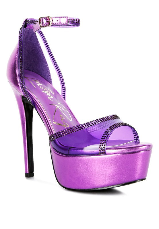 Cinderella embellished stiletto sandals in purple for glamorous evening wear