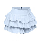 Light blue curvy fashion ruffle shorts with layered frills for a trendy summer look