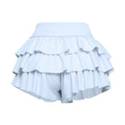 Light blue curvy fashion ruffle shorts with layered frills for a stylish summer look