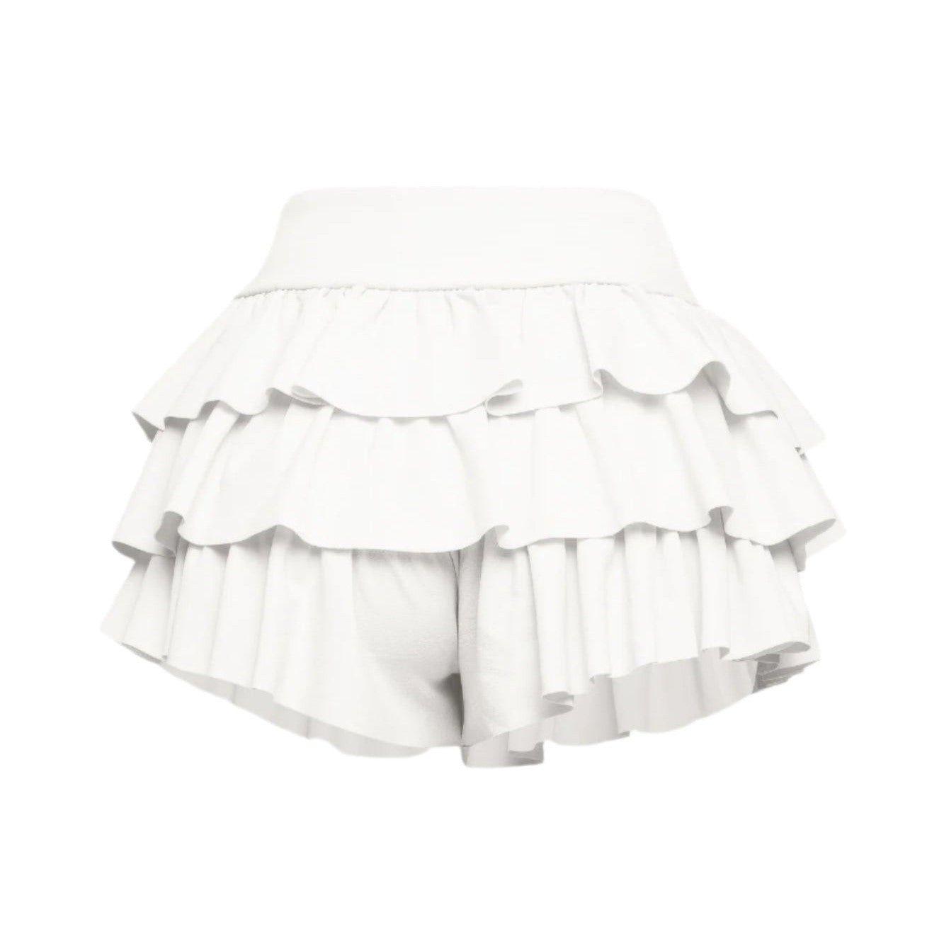 White curvy fashion ruffle shorts with layered ruffles for a stylish summer look