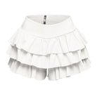 White curvy fashion ruffle shorts with layered design and comfortable elastic waistband