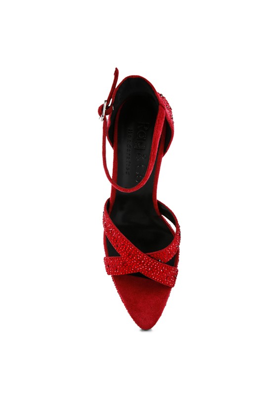 Red diamante high heel dress sandals with cross strap design