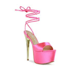Rag Company dramatic lace-up high heels in vibrant pink satin with a bold platform design
