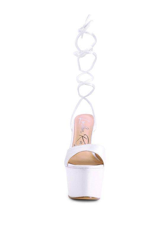 White dramatic lace-up high heels with a platform sole and stylish design for women's fashion